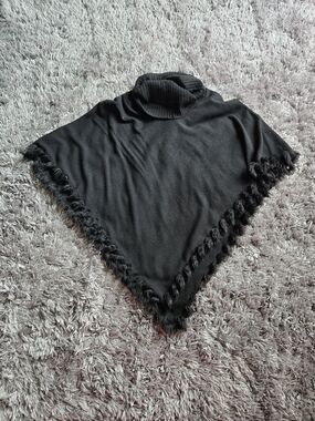 Alfani Black Poncho W/ Turtleneck Faux Fur Trim/Fringe